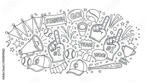 Baseball game accessories doodle illustration isolated on white background