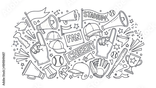 Baseball fan cheering elements in black and white vector illustration