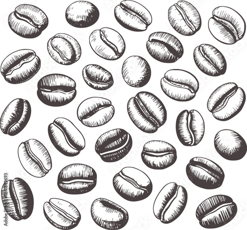 Black and white hand drawn coffee beans scattered pattern