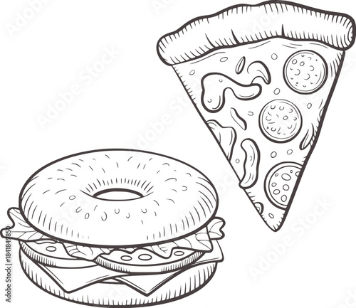 Black and white hand drawn of a bagel sandwich and pizza slice