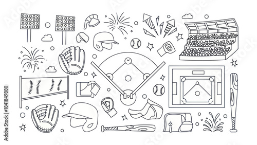 Baseball field elements outline vector illustration for sports themes