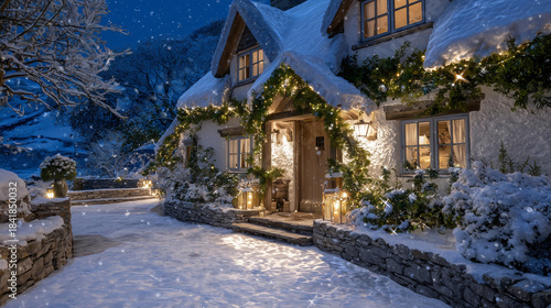 Snow-dusted country cottage sparkling with festive lights, pine garlands and glowing lanterns framing the entrance, soft flakes falling at dusk, creating a heartwarming Christmas a