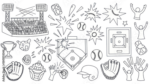 Baseball game illustration stadium equipment fans in black and white