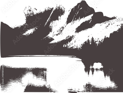 Black and white landscape of snowcapped mountains and reflective lake