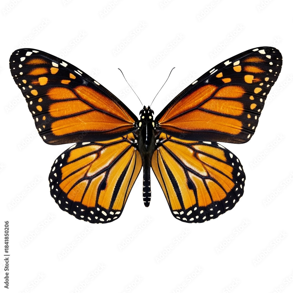 Fototapeta premium Monarch Butterfly Top View Fully Spread Wings Isolated on White Background Professional Insect Photography PNG