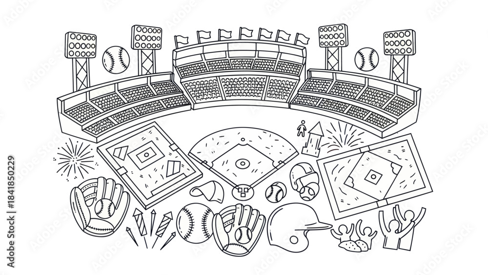 Fototapeta premium Baseball stadium illustration with elements and fans vector design
