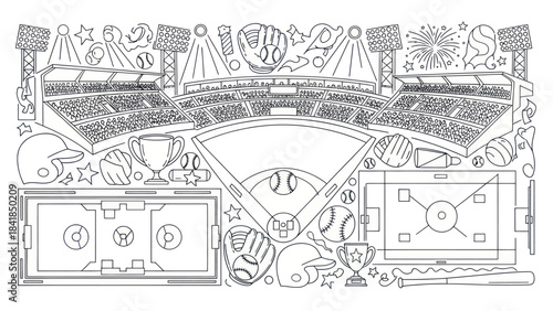 Baseball stadium illustration vector graphic of sports venue and equipment