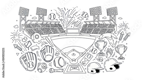 Baseball stadium illustration with elements and celebratory fireworks design