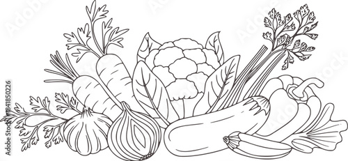 Black and white line of assorted fresh vegetables with roots and leaves