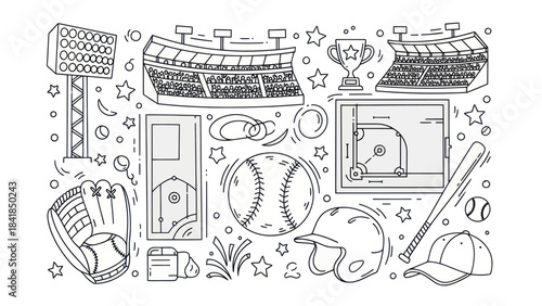 Baseball game illustration with stadium equipment and symbols