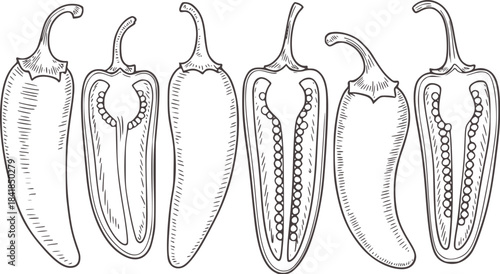 Black and white line of halved bell peppers with seeds
