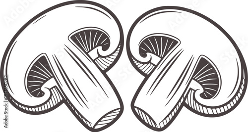 Black and white line of halved mushrooms side by side