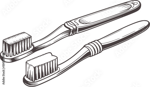 Black and white line of two toothbrushes crossed dental