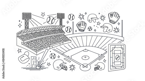 Baseball stadium illustration with field equipment and accessories in line art