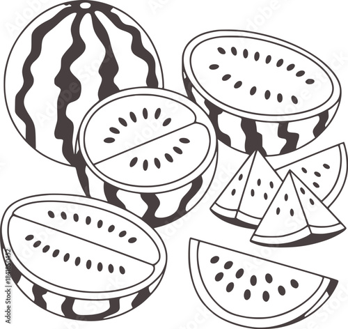 Black and white line of whole and sliced watermelons