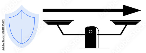 Security, protection, decision-making, balance, legal concepts, precision. A shield next to a balance and arrow. Security and protection justice and stability-related