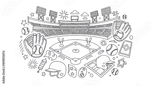 Baseball stadium illustration field equipment and spectator seating