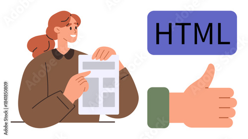 Woman analyzing web layout document, HTML label in the background, thumbs-up symbol. Ideal for design, programming, coding, approval, feedback content creation web development. Simple flat metaphor