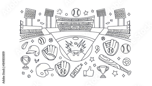 Baseball stadium vector illustration with equipment and symbols in outline style