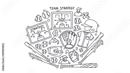 Baseball team strategy illustrated with bats balls and equipment in circle