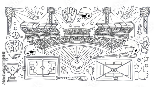 Baseball stadium illustration vector graphic of sports arena and equipment