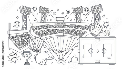 Baseball stadium illustration vector graphic of sports venue and equipment