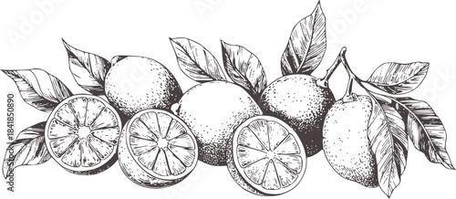 Detailed black and white line of lemons and leaves