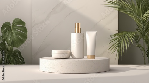 Display of white skincare products on circular stand with greenery in a modern interior setting during daylight. Cloud Dancer Pantone color of the year 2026