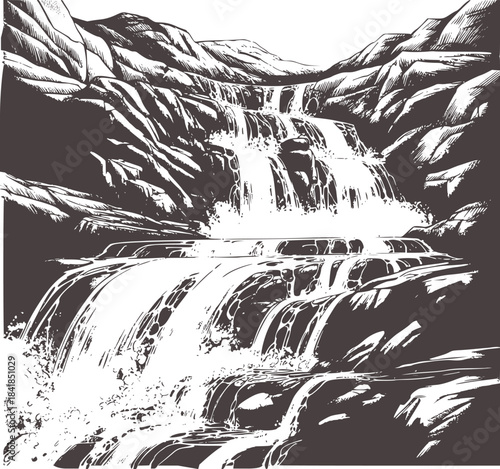 Detailed black and white mountainous waterfall with cascading streams