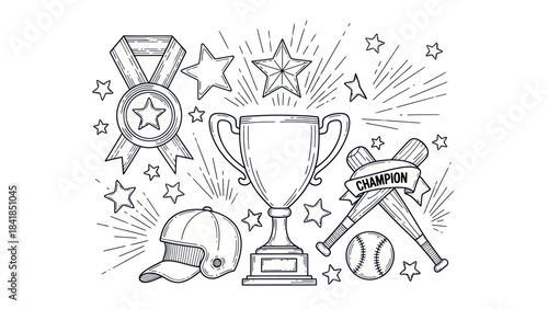 Baseball trophy and accessories illustration for achievement and victory