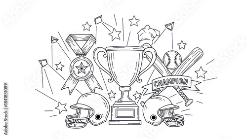 Baseball trophy and equipment black and white vector illustration