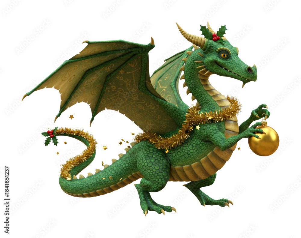 Obraz premium Green dragon celebrates Christmas with festive decorations, adorned with golden tinsel and holly, happily holding a shiny gold ornament.