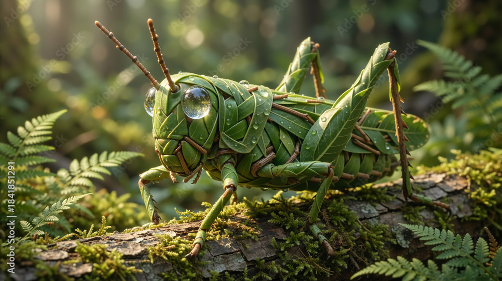 Fototapeta premium Macro Shot of a Grasshopper Woven from Green Leaves with Dewdrop Eyes in a Forest