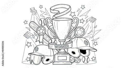 Baseball trophy illustration with bats balls and helmets vector design