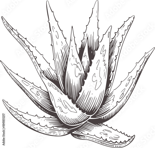 Hand drawn black and white botanical aloe vera plant