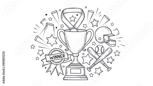 Baseball trophy illustration with bats helmet and stars for achievement