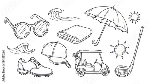 Beach and golf themed hand drawn elements for vacation and recreation
