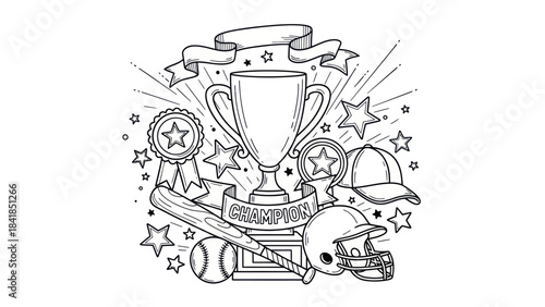 Baseball trophy illustration with stars and baseball equipment
