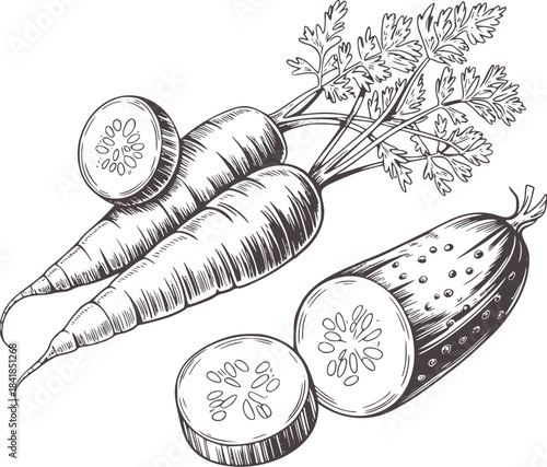 Hand drawn black and white botanical of carrots and zucchini slices