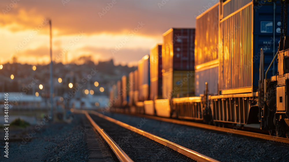 Obraz premium Close-up of a freight train hauling vivid red, blue, and green containers along steel tracks at sunset, warm golden light reflecting off metal surfaces, dramatic shadows stretching