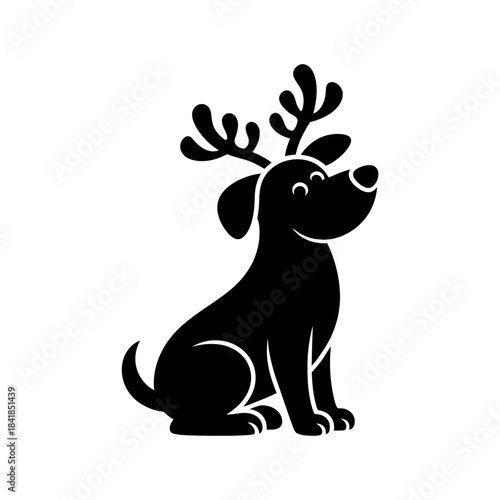 A cute black silhouette of a christmas dog sitting cheerfully.