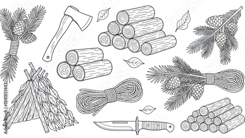 Black and white illustration of camping and survival elements vector set