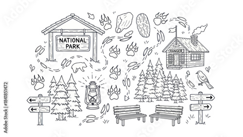 Black and white national park illustration with trees cabin and signage