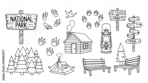 Black and white national park illustrations wooden signs cabin and nature elements