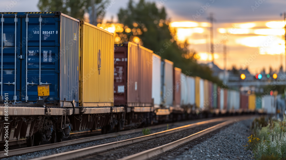 Obraz premium Freight train with colorful containers moving during sunset, close-up view emphasizing container surfaces and reflections, rails and gravel visible, dramatic golden light enhancing