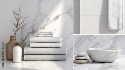 Soft towels and simple decor on a marble surface create a clean and modern bathroom design. Cloud Dancer Pantone color of the year 2026