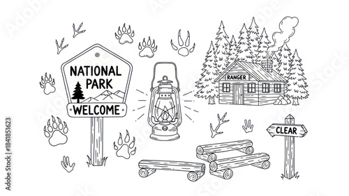 Black and white vector illustration of national park elements isolated