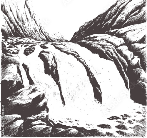 Monochrome hand drawn of a mountainous waterfall landscape