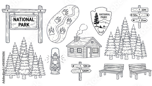 Black and white vector illustration of national park elements
