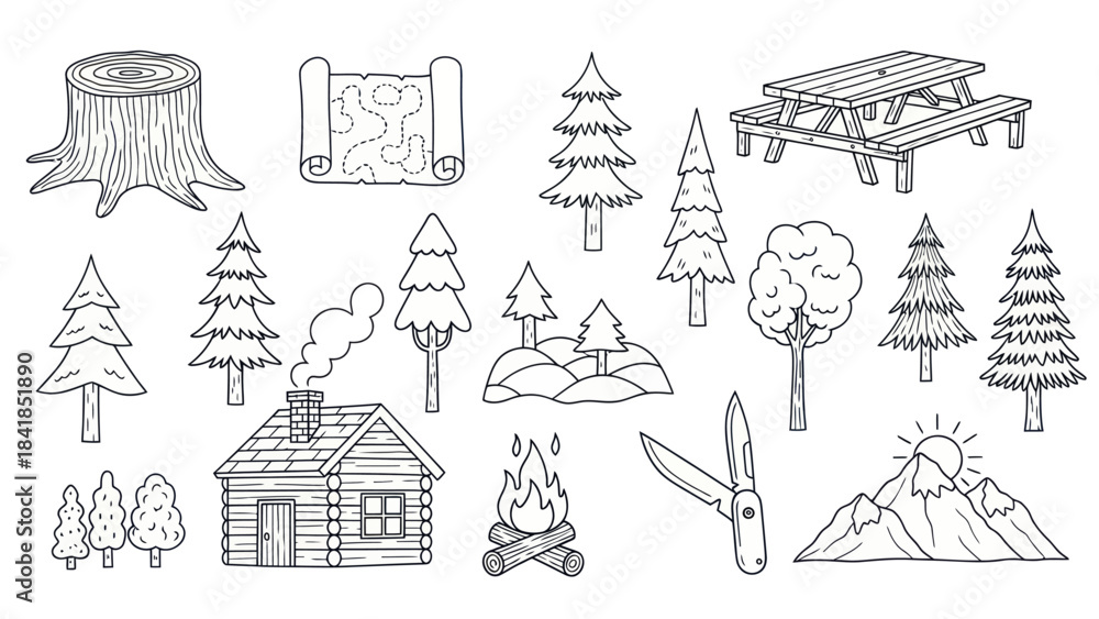 Fototapeta premium Black and white vector illustrations of camping and outdoor elements